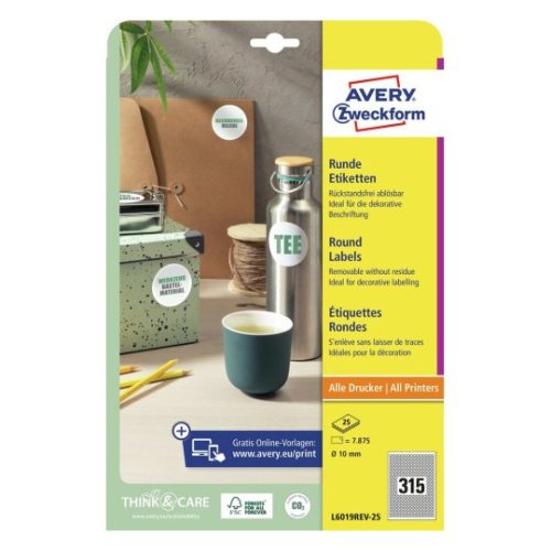 Visszaszedhető körcímke 10mm (315db/ív) Avery L6019REV-25