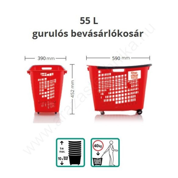 55L Gurulós bevásárló kosár -  antracit - PIROS fül